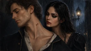 Serenya stands behind a nameless man bearing fresh vampire bite marks beneath the title The Bell Beneath the Rain