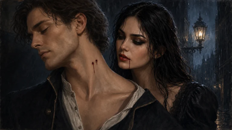 Serenya stands behind a nameless man bearing fresh vampire bite marks beneath the title The Bell Beneath the Rain
