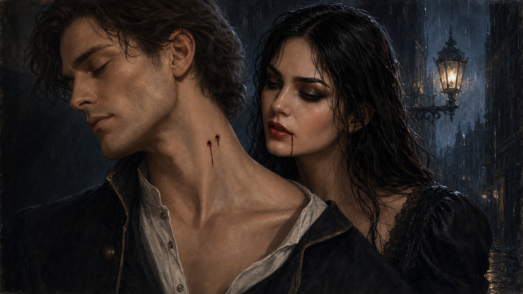 Serenya stands behind a nameless man bearing fresh vampire bite marks beneath the title The Bell Beneath the Rain