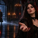 Vampire queen Serenya reaches forward in a dark gothic ballroom while a lone man waits in the snowy doorway
