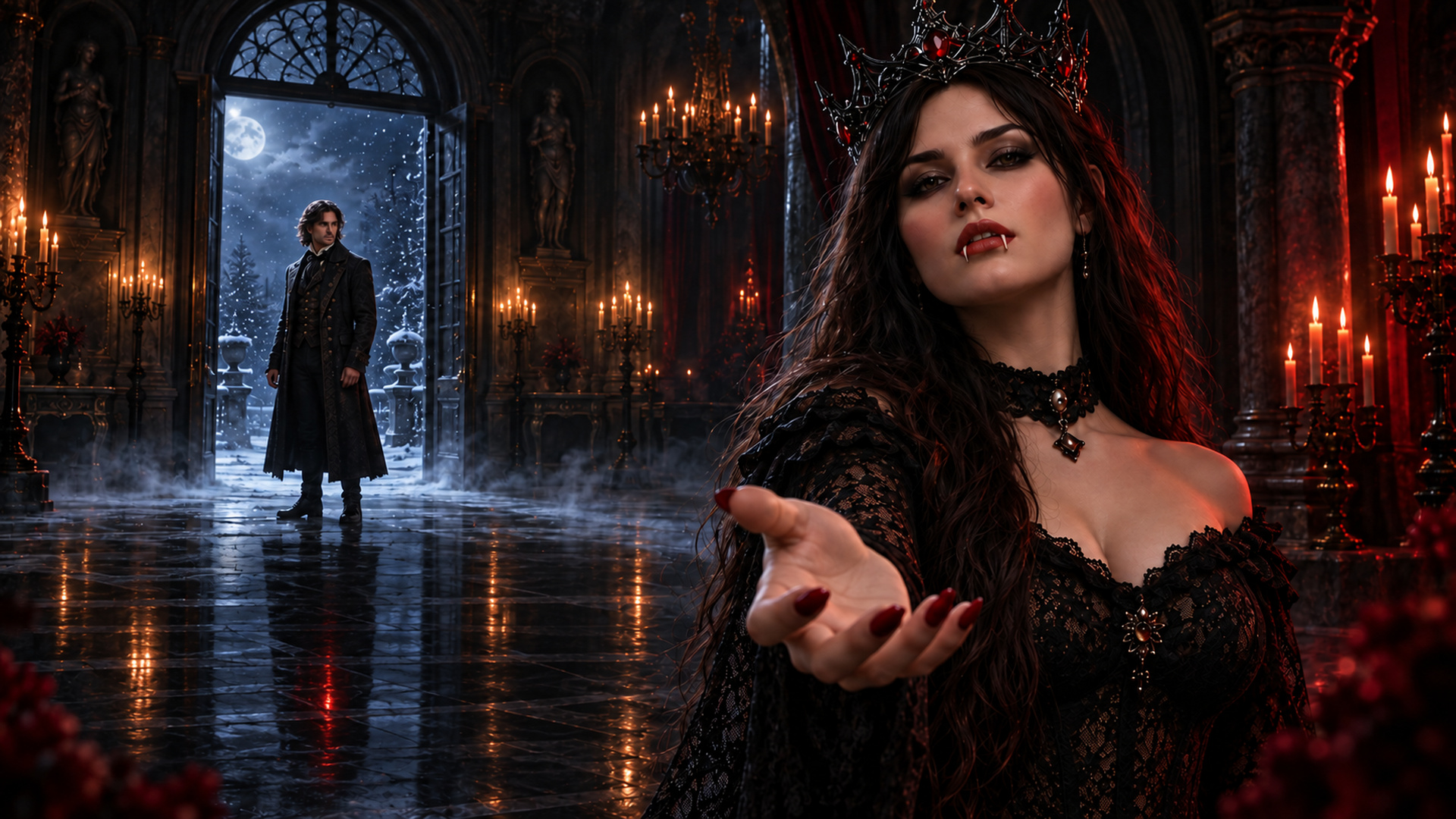 Vampire queen Serenya reaches forward in a dark gothic ballroom while a lone man waits in the snowy doorway